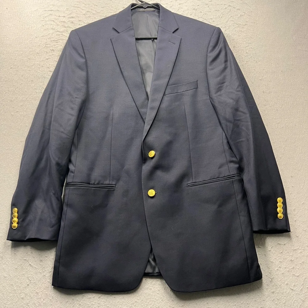 Lauren Ralph Lauren Mens Navy Blue 100% Wool Gold Button Blazer Sport Coat 40L